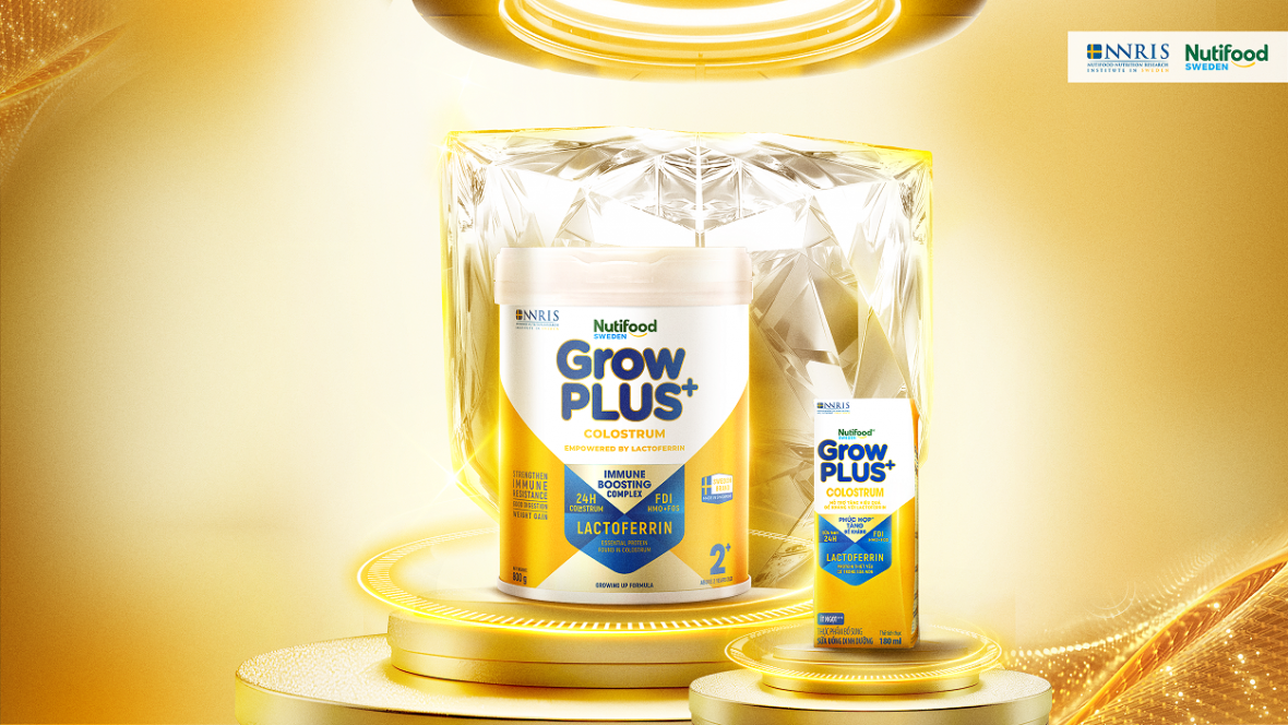 Nutifood GrowPLUS+ Colostrum Lactoferrin chứa Lactoferrin kết hợp sữa non 24h, tạo nên “lá chắn kim cương” bảo vệ sức khỏe trẻ.