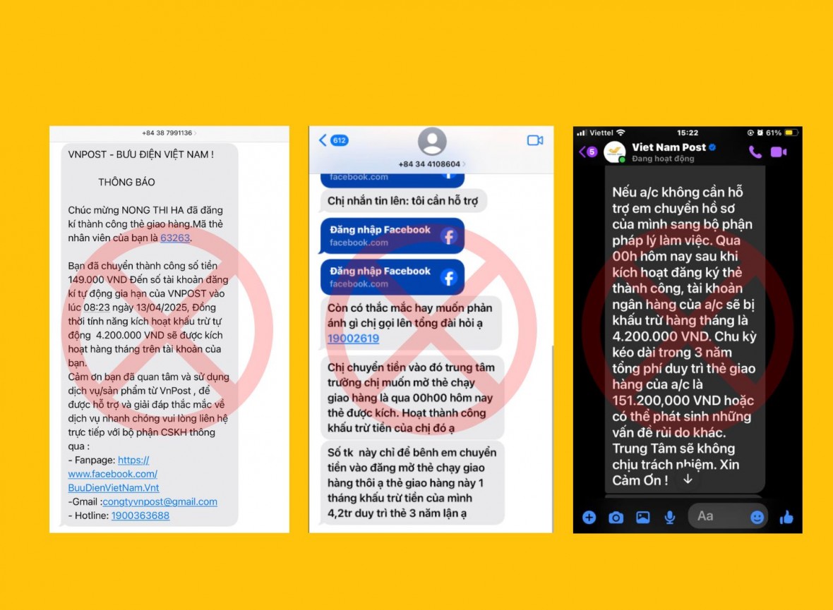 Một số tin nhắn các đối tượng lừa đảo dẫn dụ khách hàng thực hiện để hủy thẻ. Ảnh: Bưu điện Việt Nam