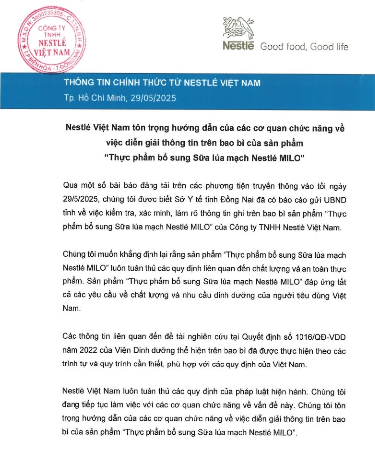Nestlé Việt Nam tôn trọng hướng dẫn của các cơ quan chức năng về việc diễn giải thông tin trên bao bì sản phẩm