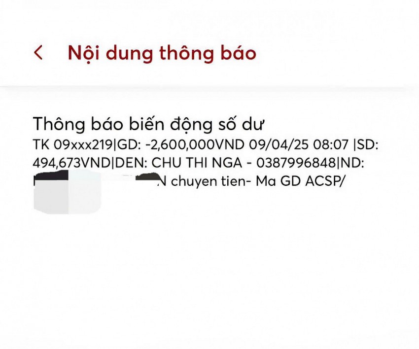 Liên chuyển tiền của người dân chuyển cho bà Chu Thị Nga với số tiền 2,6 triệu đồng được cho là tiền thuê ô, thuê chỗ để kinh doanh tại lễ hội xã Tiên Lục. Ảnh NDCC.