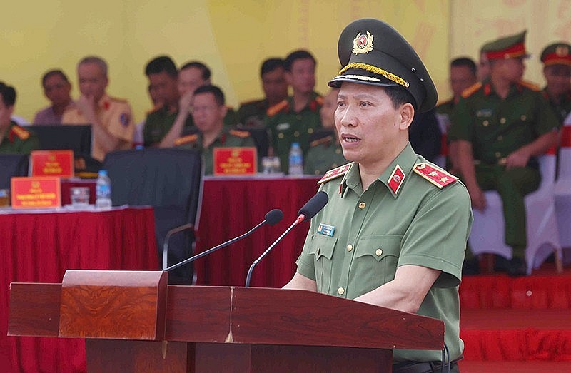Trung tướng Lê Văn Tuyến, Thứ trưởng Bộ Công an phát biểu khai mạc hội thi.