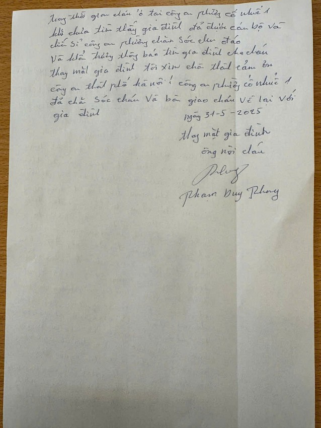 Thư cảm ơn của gia đình cháu bé.