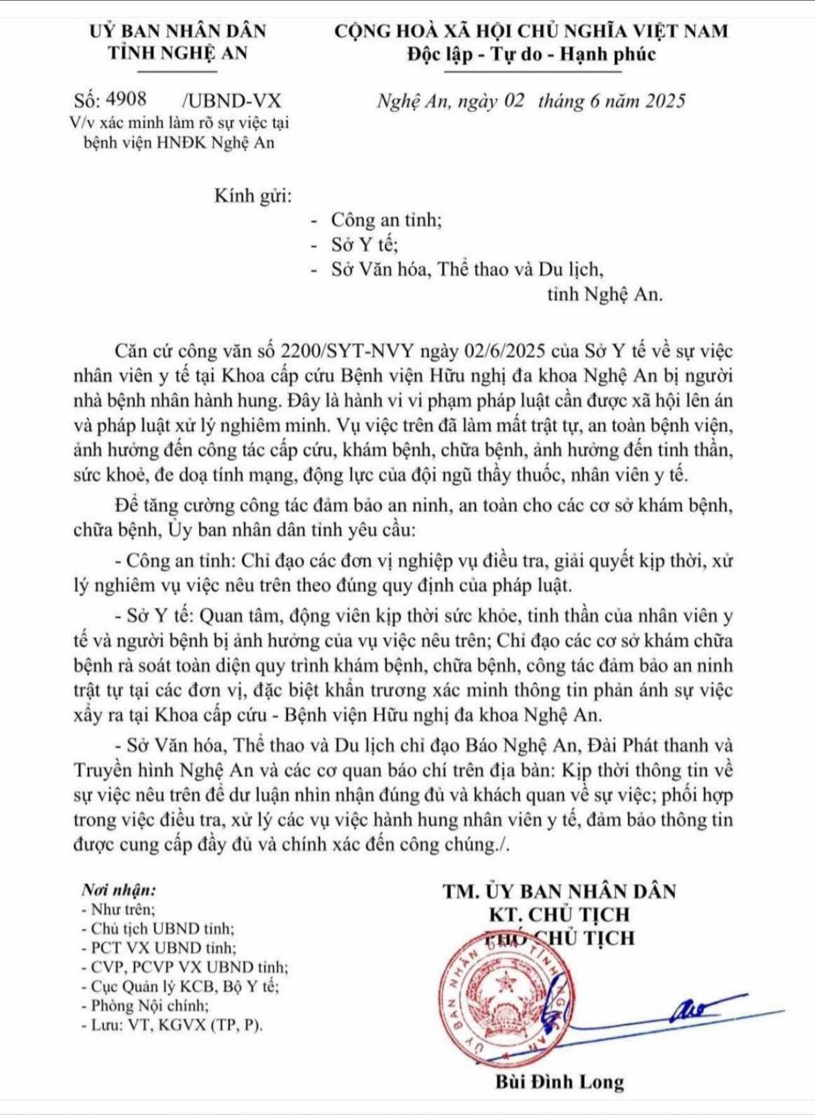 UBND tỉnh Nghệ An yêu cầu điều tra, xử lý nghiêm vụ việc theo quy định của pháp luật.
