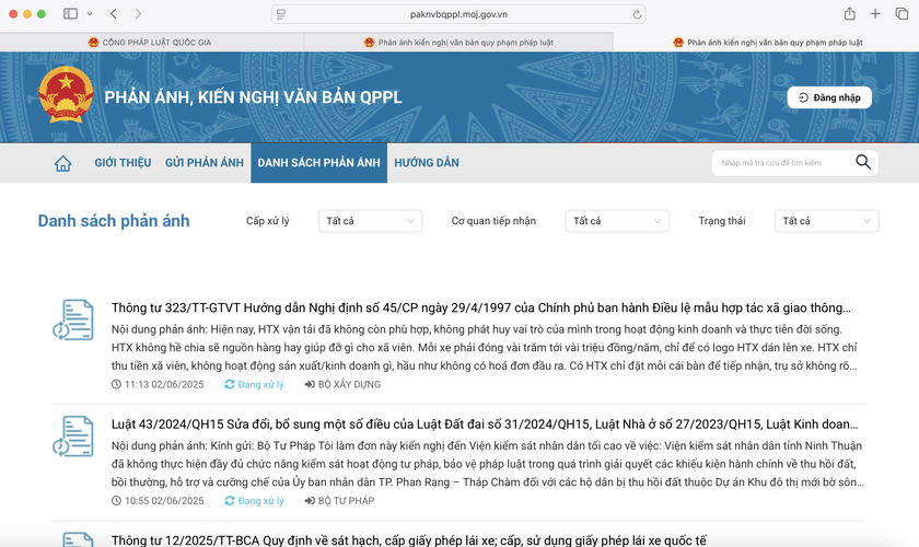 Danh sách phản ánh được chuyển ngay đến cơ quan có trách nhiệm trả lời. Danh sách phản ánh được chuyển ngay đến cơ quan có trách nhiệm trả lời.