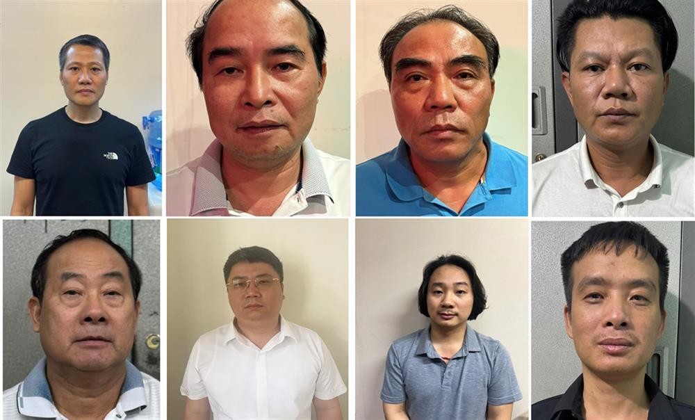 Các đối tượng từ trái qua phải: Bùi Thanh Bình, Nguyễn Văn Bình, Ngô Tiến Cương, Nguyễn Duy Nghiệp, Nguyễn Xuân Tốt, Nguyễn Văn Đức, Lê Xuân Định, Nguyễn Trường Giang. Ảnh: Bộ Công an vụ án