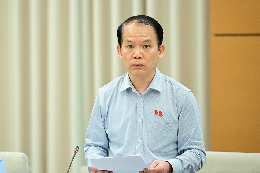 Chủ nhiệm Uỷ ban Pháp luật và Tư pháp Hoàng Thanh Tùng trình bày báo cáo thẩm tra. Ảnh: Media Quốc hội