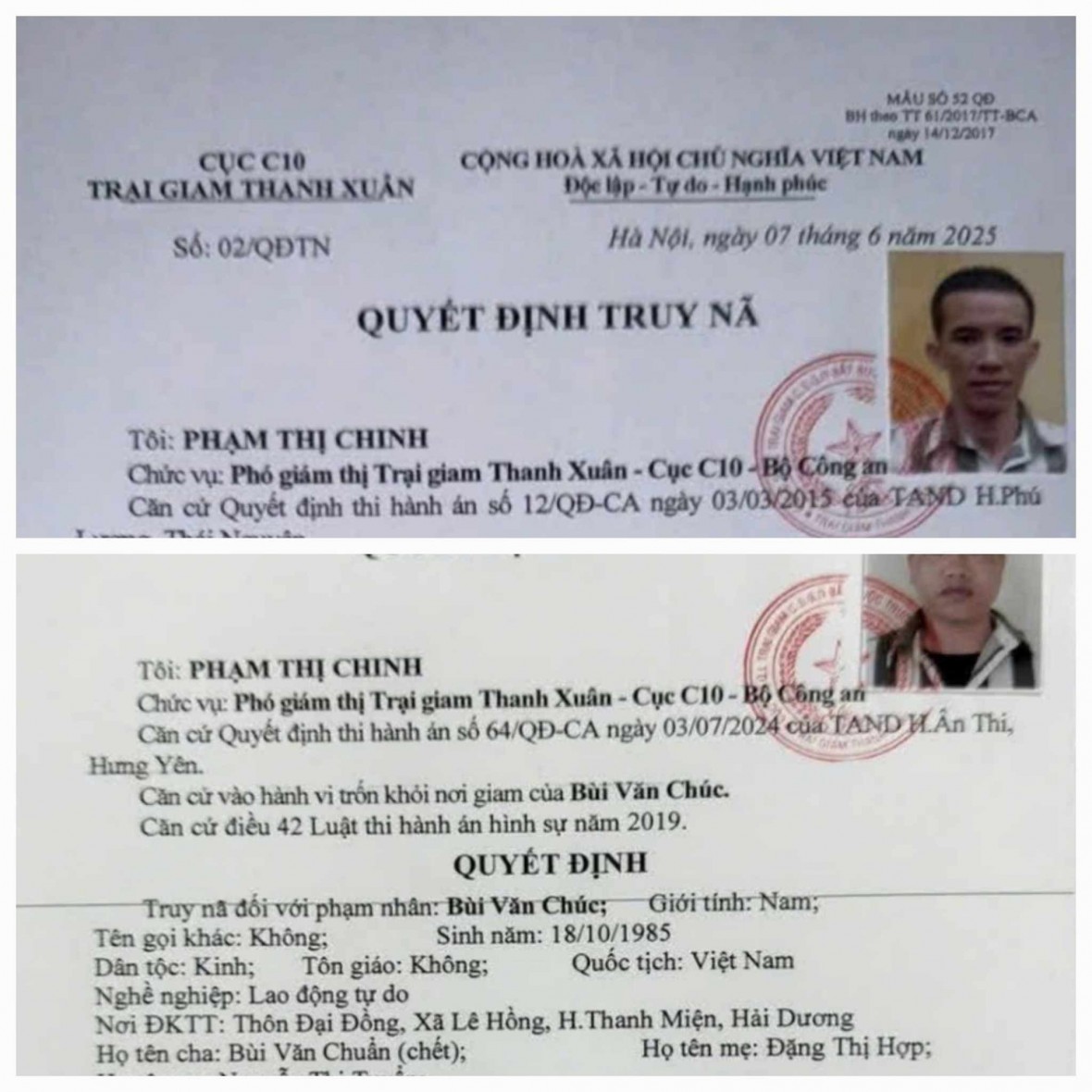 Quyết định truy nã 2 đối tượng của Trại giam Thanh Xuân. Quyết định truy nã 2 đối tượng của Trại giam Thanh Xuân.