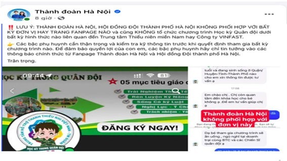 Thành đoàn - Hội đồng Đội thành phố Hà Nội cảnh báo lừa đảo liên quan đến “Học kỳ Hè Quân đội năm 2025”. (Ảnh chụp màn hình)