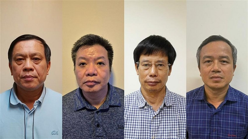 Các bị can từ trái qua phải: Nguyễn Bá Hoan, Tống Hải Nam, Nguyễn Gia Liêm, Phạm Viết Hương.