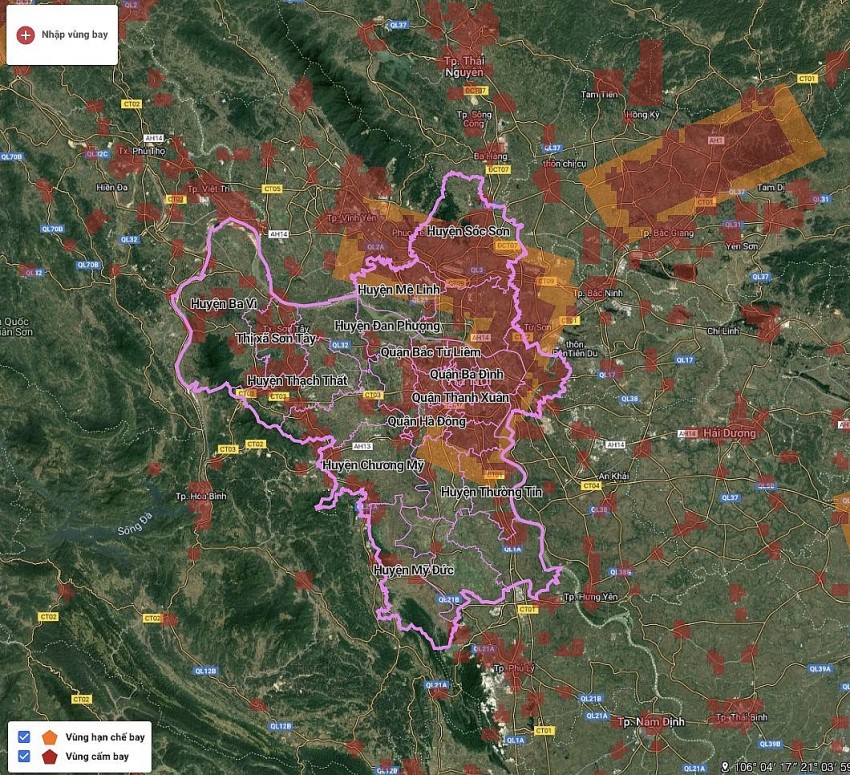 Khu vực cấm bay và hạn chế bay ở TP Hà Nội. (Ảnh: Cổng Thông tin điện tử Bộ Quốc phòng) Khu vực cấm bay và hạn chế bay ở TP Hà Nội. (Ảnh: Cổng Thông tin điện tử Bộ Quốc phòng)