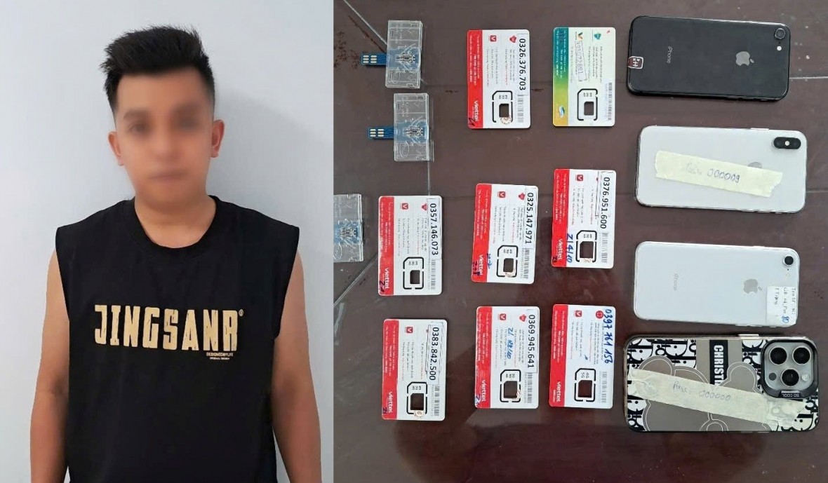 Nguyễn Việt Hoàng cùng tang vật thu giữ trong chuyên án -  Ảnh Công an TP Đà Nẵng.