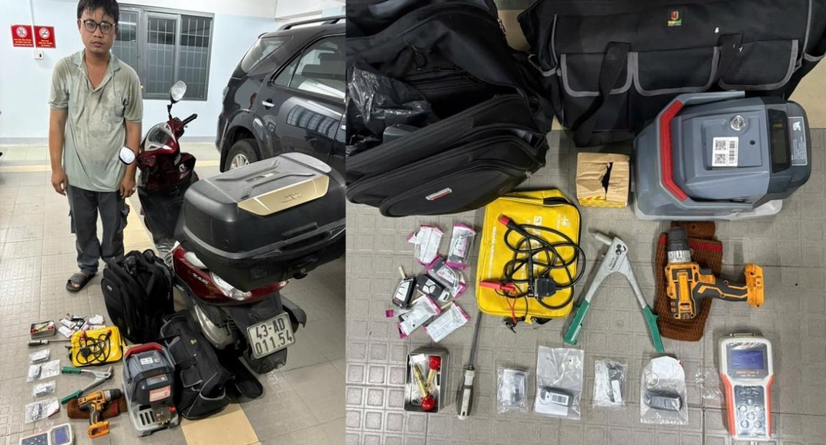 Thợ phá khóa Lê Thanh Thành cùng tang vật - Ảnh Công an Tp Đà Nẵng.