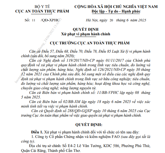 Công ty Cổ phần Chứng nhận và kiểm nghiệm FAO bị xử phạt 75 triệu đồng