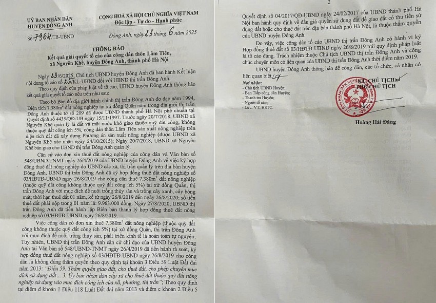 Công văn thông báo của UBND huyện Đông Anh về việc cho thuê đất trái thẩm quyền của UBND thị trấn Đông Anhn