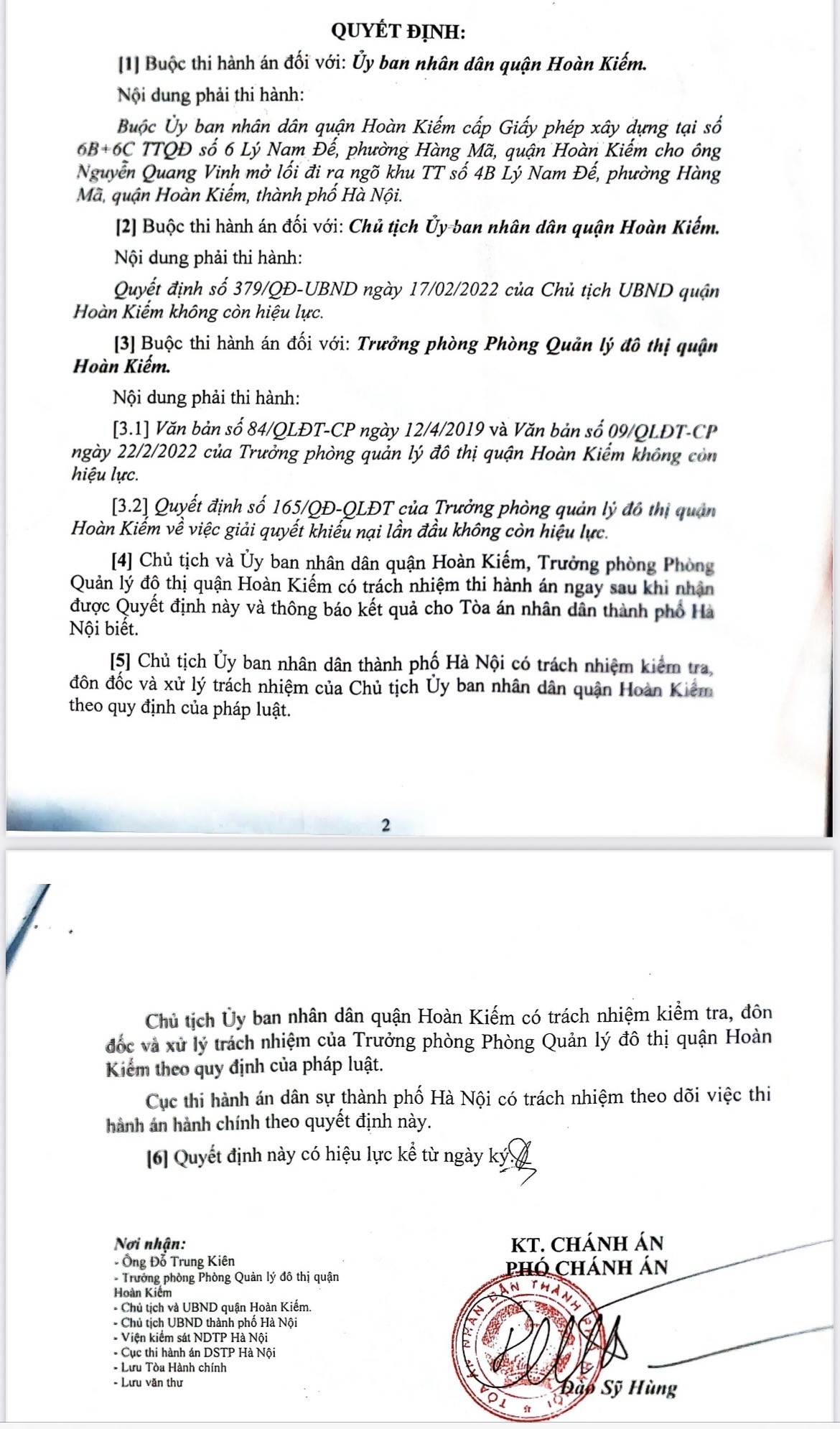 TAND TP Hà Nội buộc UBND quận Hoàn Kiếm cấp phép xây dựng cho ông Nguyễn Quang Vinh.