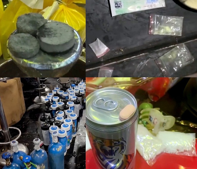 Phát hiện nhiều bình khí cười và nhiều loại ma túy.