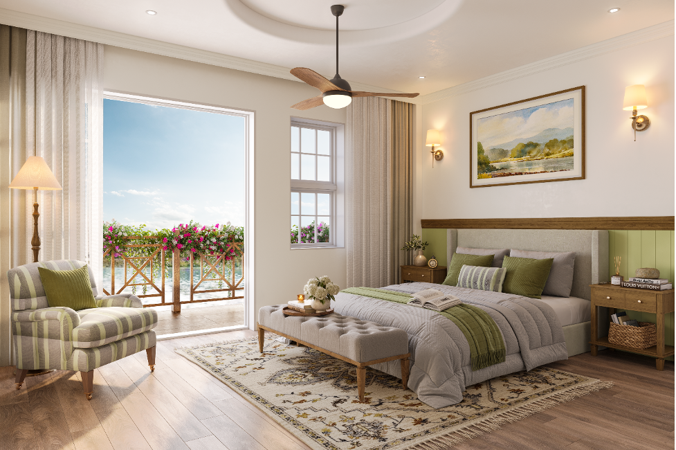 Phòng ngủ nhìn ra mặt nước của một biệt thự đơn lập