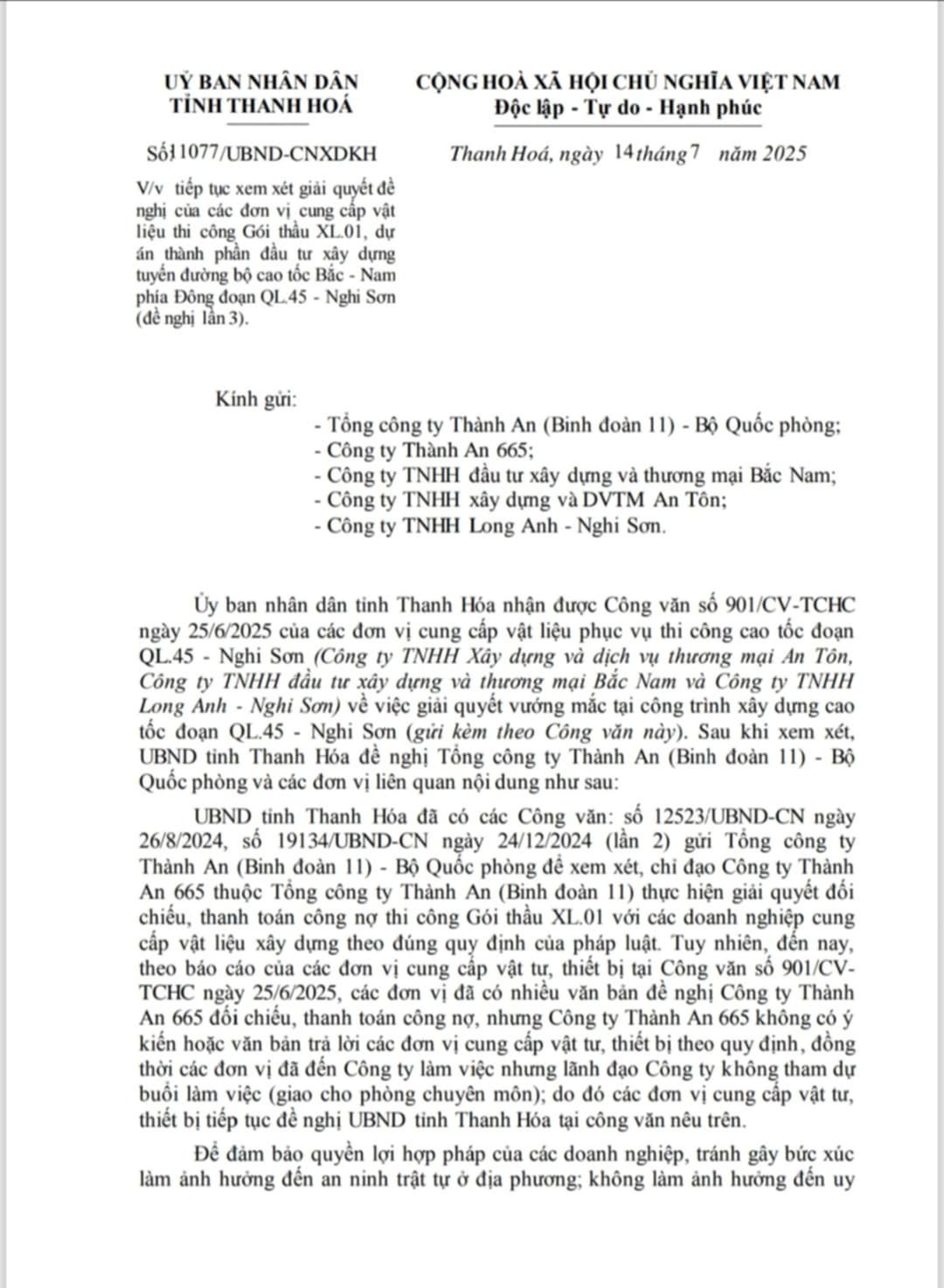 Một phần Công văn số 1107/UBND-CNXDKH của UBND tỉnh Thanh Hoá.