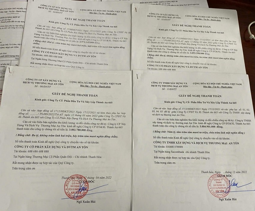 Trước đó, Công ty An Tôn đã nhiều lần gửi văn bản thanh toán công nợ đến Công ty Thanh An 665.