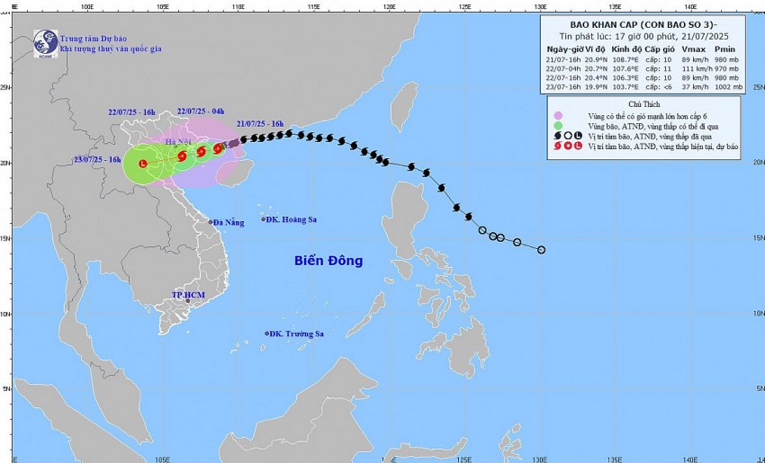 Bão số 3 vừa tăng thêm 1 cấp, mưa lớn nhất tập trung vào đêm nay và sáng mai