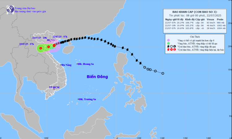 Trung tâm Dự báo Khí tượng Thủy văn Quốc gia, lúc 4 giờ ngày 22/7, bão số 3 chỉ còn cách Hải Phòng khoảng 70km, cách Hưng Yên 80km, bão vẫn duy trì cấp 10, giật cấp 13.