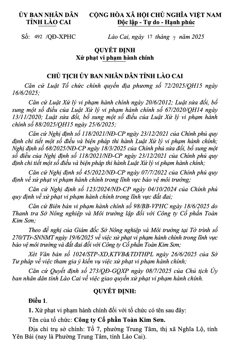 Công ty Cổ phần Toàn Kim Sơn bị phạt hơn 400 triệu đồng