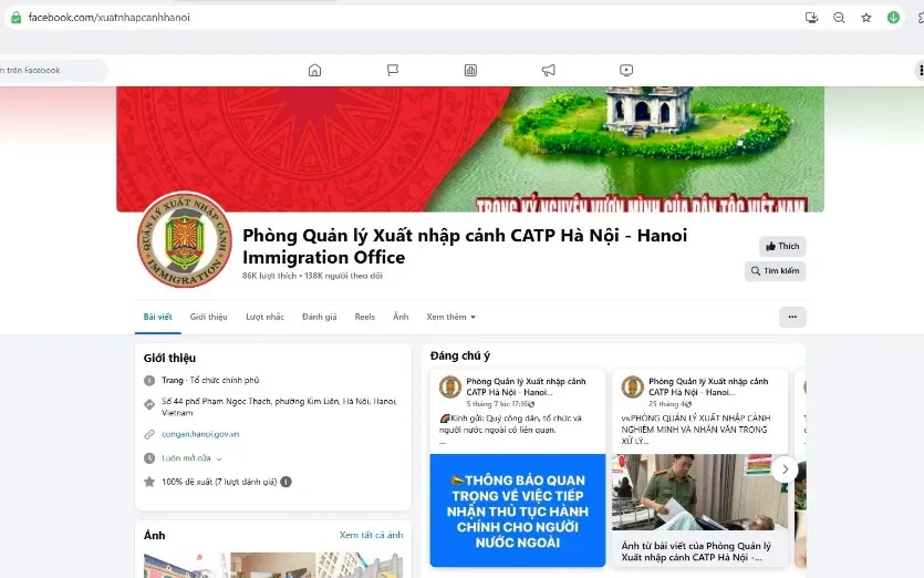 Trang Facebook Phòng Quản lý Xuất nhập cảnh Công an thành phố Hà Nội.