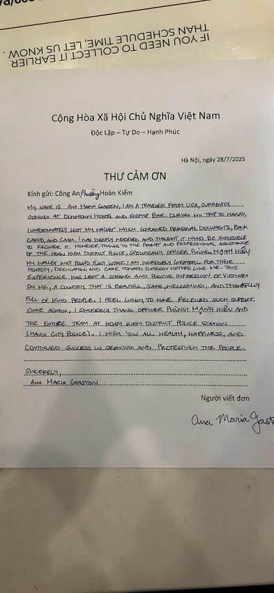 Thư cảm ơn của chị GASTON ANA MARIA gửi Công an phường Hoàn Kiếm và đồng chí Thiếu tá Bùi Mạnh Hiếu.