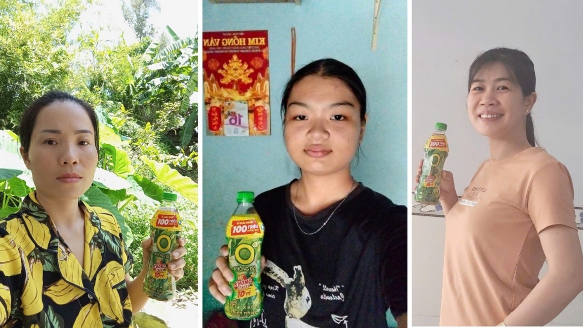 Em Nguyễn Thị Ngọc Trân (đứng giữa) cùng các khách hàng may mắn trúng giải Nhì là 1 voucher trị giá 20 triệu đồng từ Trà Xanh Không Độ.