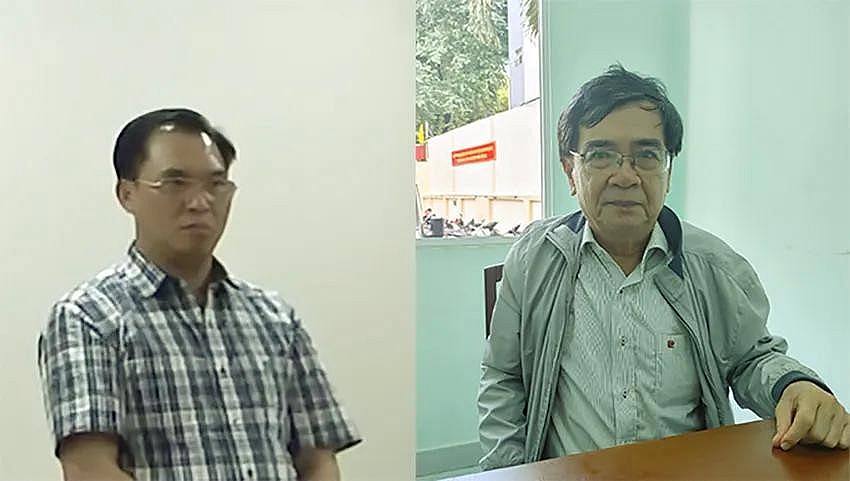 Ông Huỳnh Thế Năng (Phải) và Đinh Trường Chinh tại cơ quan công an. Ảnh: CA