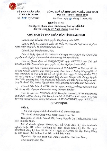 Công ty CP Nhật Quang Kinh Bắc bị phạt 500 triệu đồng.