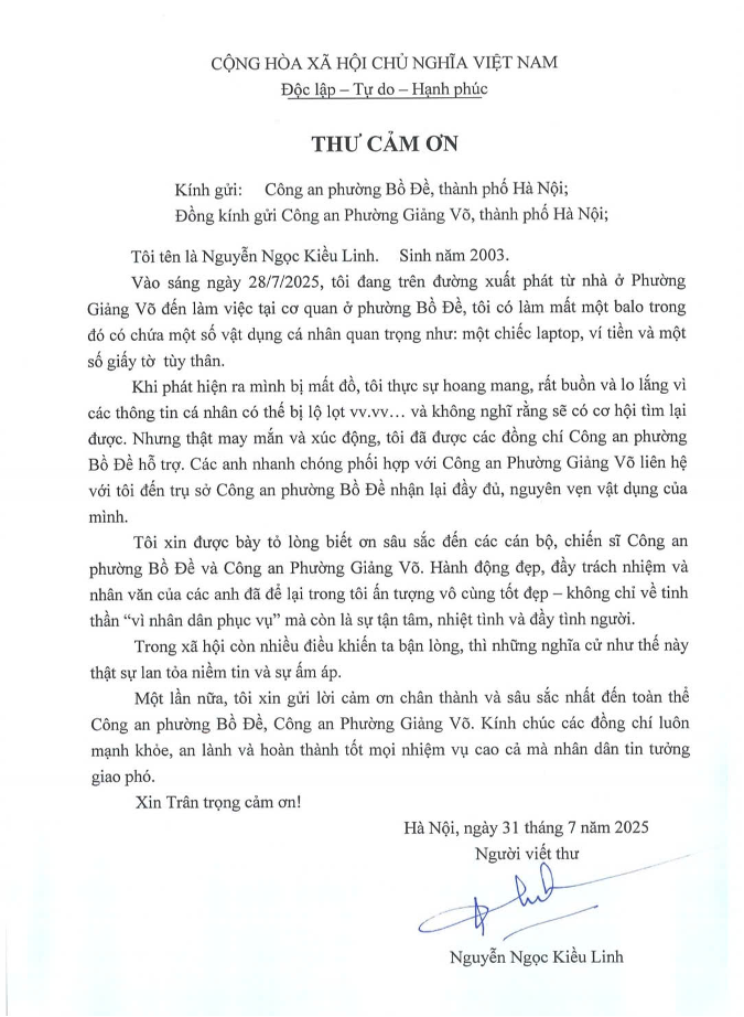 Lá thư cảm ơn của Linh gửi đến các chiến sĩ công an phường Bồ Đề, TP Hà Nội