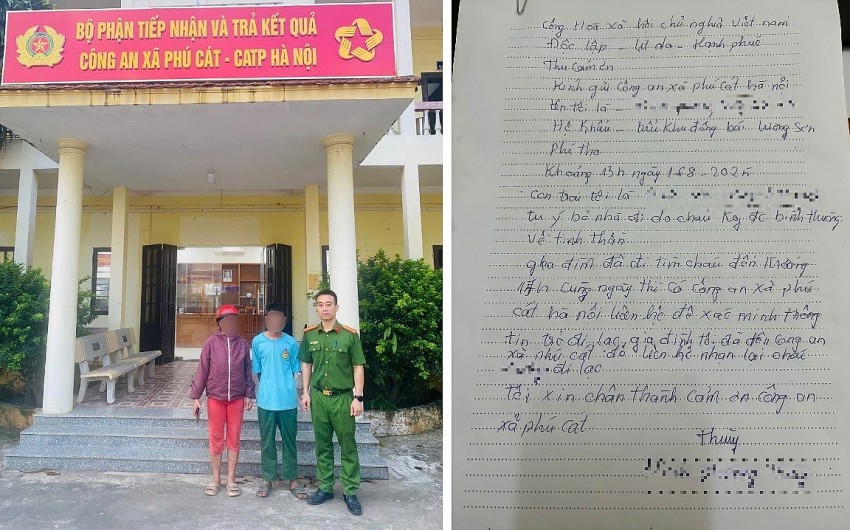 Công an xã bàn giao cháu bé về với gia đình.