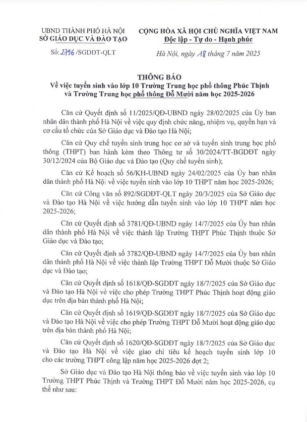Thông báo của Sở GD&ĐT Hà Nội cho phép Trường THPT Phúc Thịnh tuyển sinh với chỉ tiêu là 450 người.