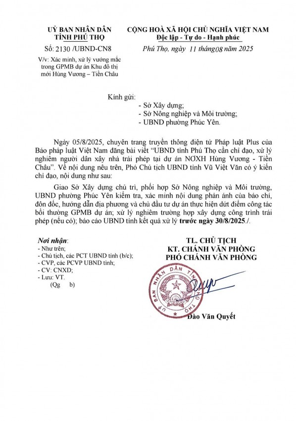 Công văn chỉ đạo của UBND tỉnh Phú Thọ sau phản ánh của Báo Pháp luật Việt Nam. Công văn chỉ đạo của UBND tỉnh Phú Thọ sau phản ánh của Báo Pháp luật Việt Nam.