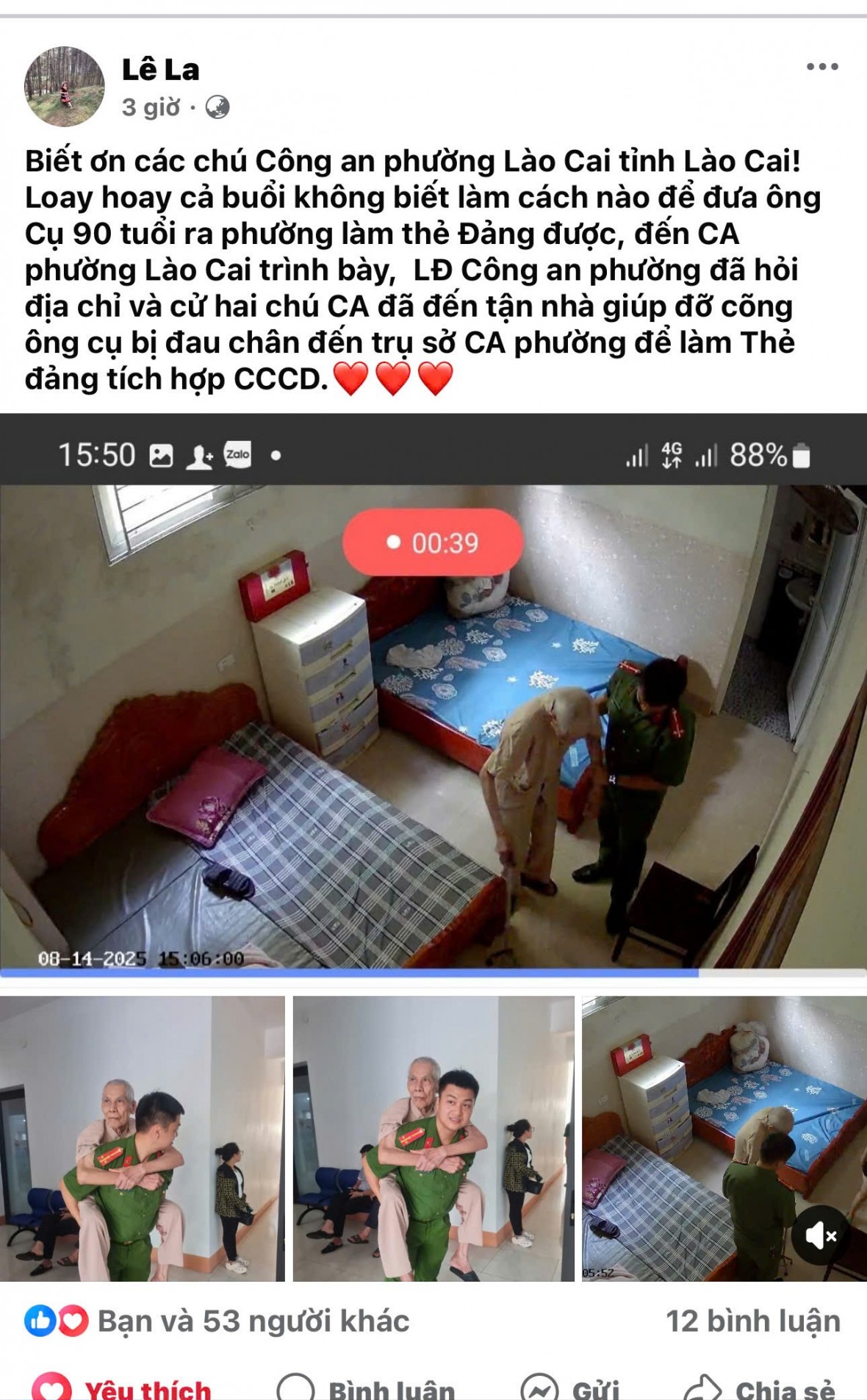 Xúc động hình ảnh cán bộ Công an phường Lào Cai cõng “cụ” đảng viên lão thành đi đổi Thẻ đảng viên