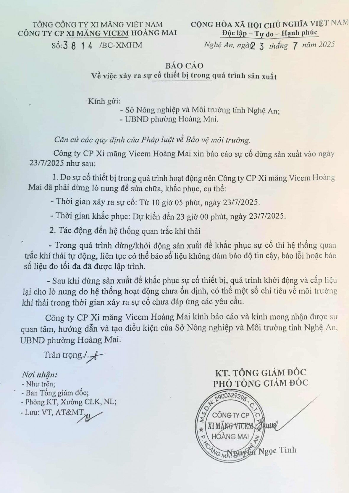 Nhà máy xi măng Vicem Hoàng Mai xảy ra sự cố trong quá trình sản xuất.