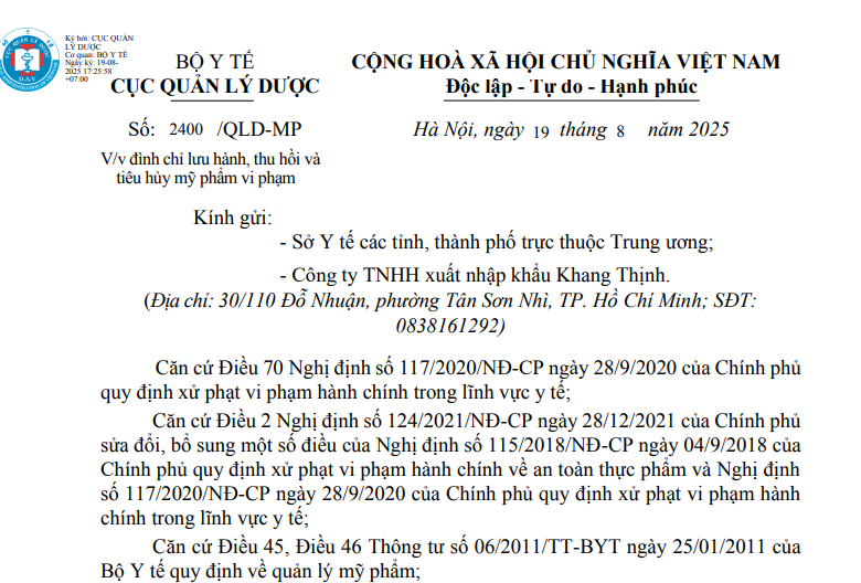 Đình chỉ lưu hành và thu hồi trên toàn quốc lô sản phẩm Sữa rửa mặt hạt mơ