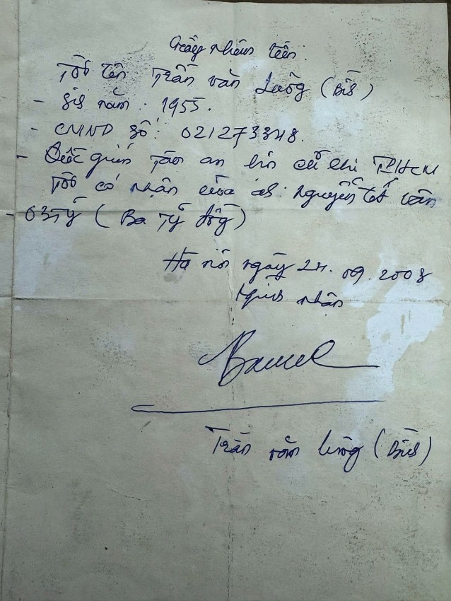 Bản gốc giấy nhận tiền mà ông Luông kí nhận. Bản gốc giấy nhận tiền mà ông Luông kí nhận.