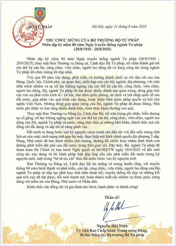 Thư chúc mừng của Bộ trưởng Bộ Tư pháp nhân kỷ niệm 80 năm Ngày truyền thống ngành Tư pháp Việt Nam Thư chúc mừng của Bộ trưởng Bộ Tư pháp nhân kỷ niệm 80 năm Ngày truyền thống ngành Tư pháp Việt Nam