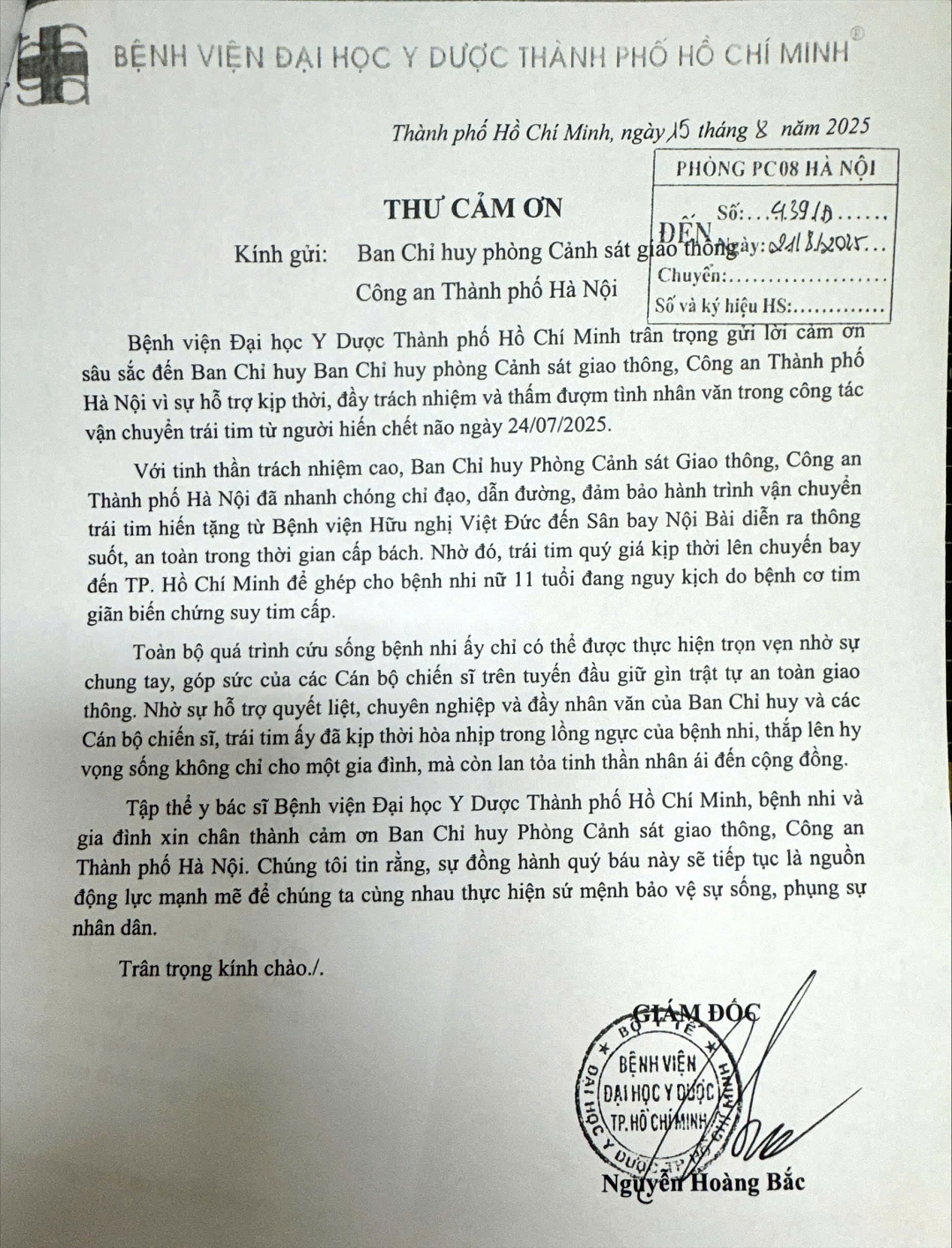 Bức thư cảm ơn của Đại học Y dược TP Hồ Chí Minh.