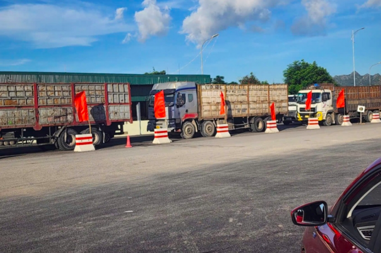 Xe tải có dấu hiệu cơi nới thành thùng chở vật liệu xây dựng có dấu hiệu quá tải tấp nập lối lên xuống phà Đồng Bài.