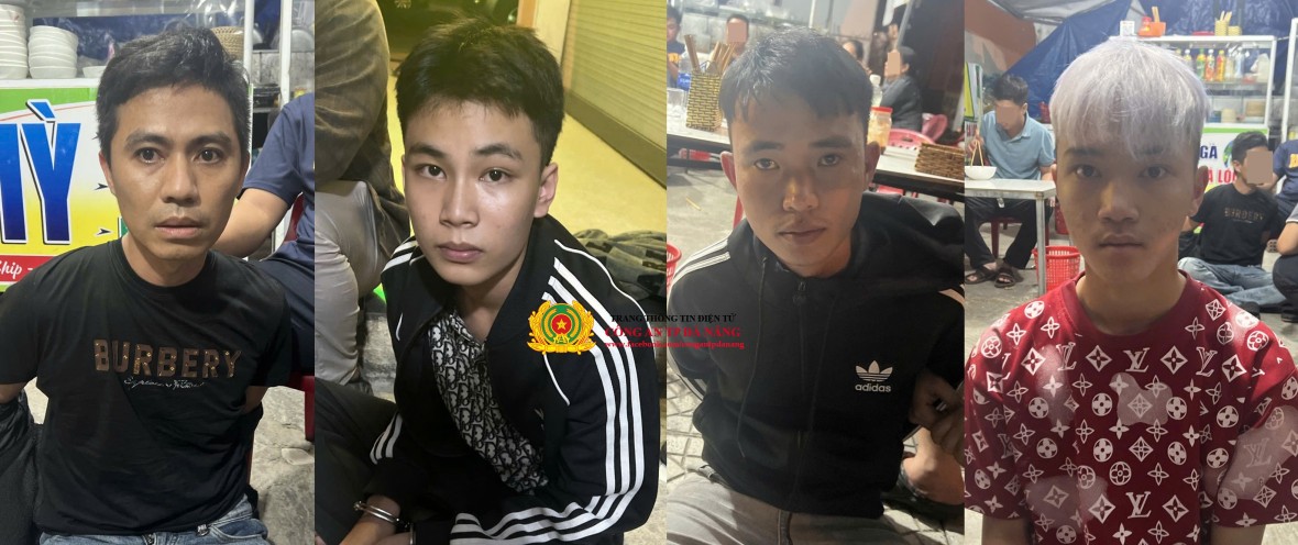 Các đối tượng Nguyễn Tấn Dũng, Phan Văn Hoàng Duy, Thái Văn Hòa và Lê Văn Minh Hoàng (từ trái qua) bị bắt giữ. (Ảnh: Công an TP Đà Nẵng)