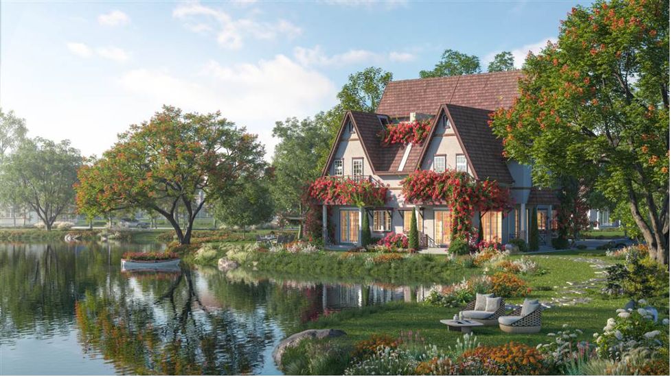 Những căn biệt thự tại Đảo Hoa Ý nhìn ra hồ nước trong xanh.