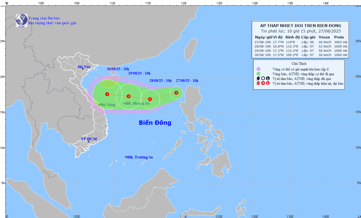 Hướng di chuyển của áp thấp nhiệt đới sáng 27/8. 