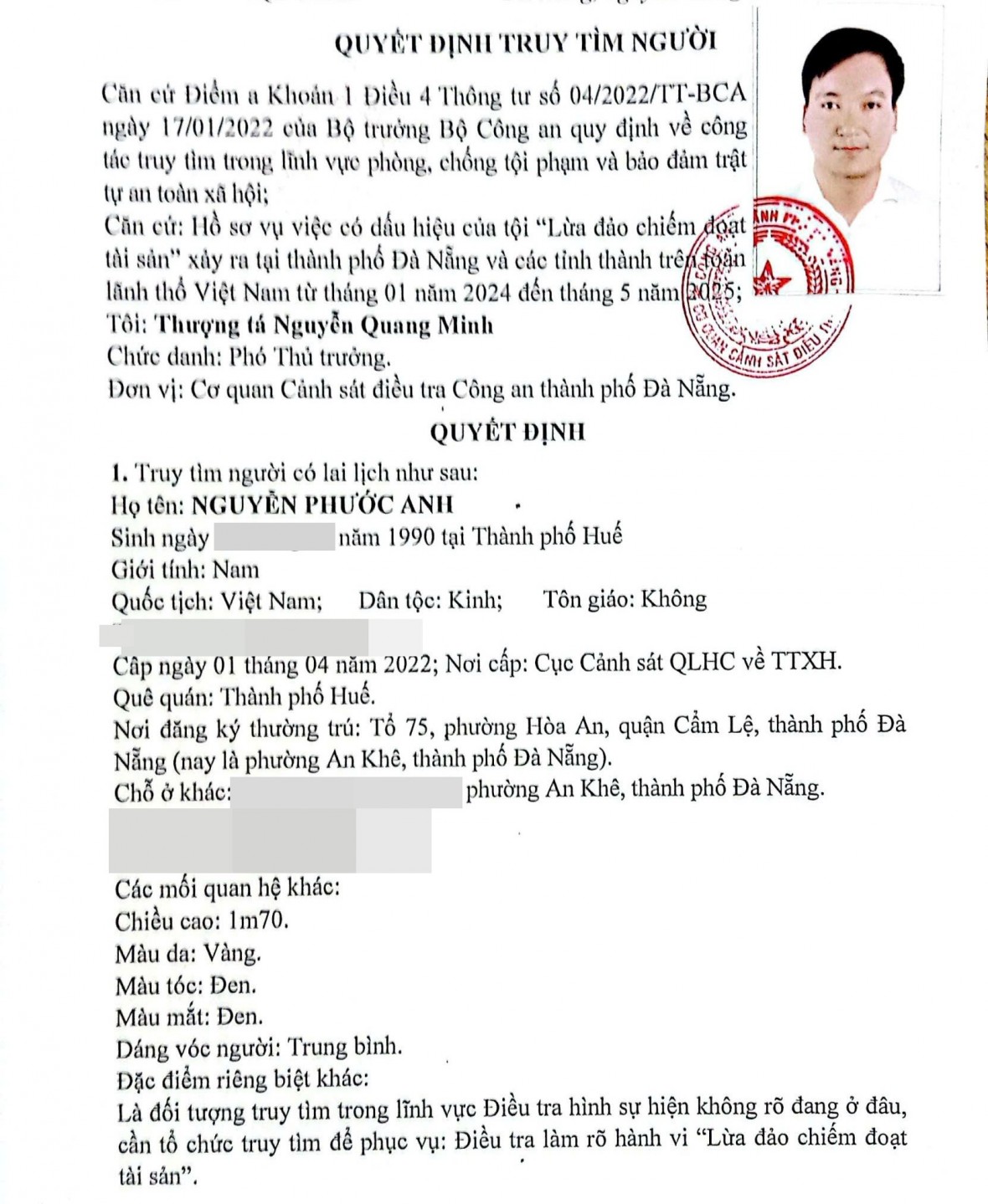Quyết định truy tìm đối tượng Nguyễn Phước Anh - Ảnh Công an TP Đà Nẵng.