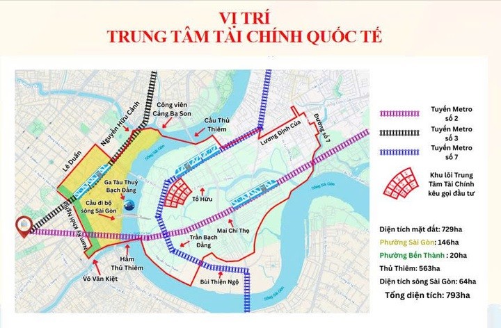 Trung tâm tài chính quốc tế TP.HCM trải rộng tại phường trung tâm và sông Sài Gòn với diện tích 793 ha. (Nguồn: Sở Tài chính TP.HCM)