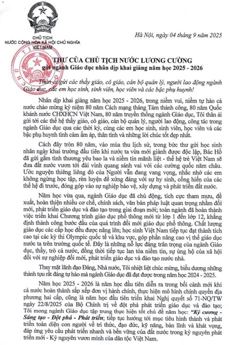 Thư của Chủ tịch nước gửi ngành Giáo dục nhân dịp khai giảng năm học 2025-2026
