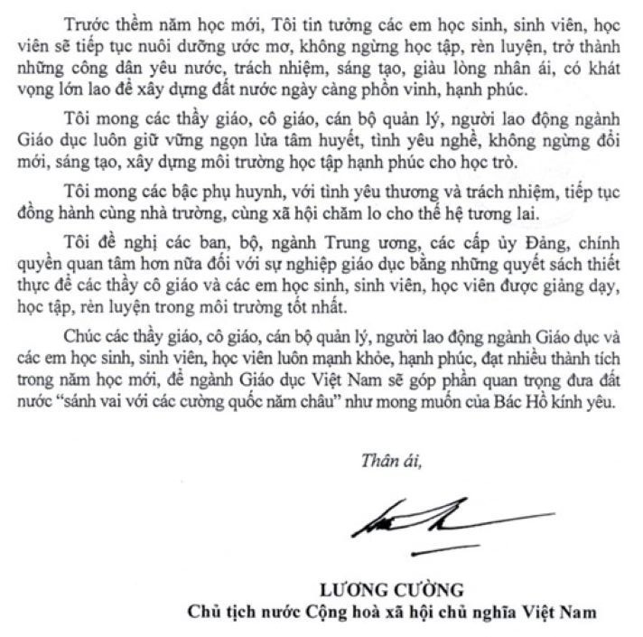 Thư của Chủ tịch nước gửi ngành Giáo dục nhân dịp khai giảng năm học 2025-2026