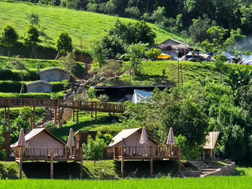 Không chỉ xây dựng các chòi bằng gỗ kiên cố mà chủ đầu tư còn tiến hành xây dựng đường đi bằng bậc thang, cầu gỗ.